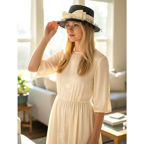 Vintage 1960s Cherry & Webb Black Straw Dress Hat Satin Cream Ribbon Netting main image 4